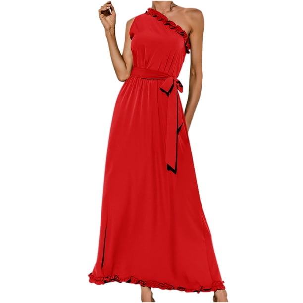 Vestido de mujer Sexy Un hombro Sólido Volantes Casual Vestido largo Fridja hjkh3553