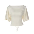 thumbnail image 5 of Rggeeun Women'S Tee Shirts Cropped One Shoulder Solid Color Short Sleeve Elastic Waist Draping for Summer Outdoor Picnics Simple Tees,Beige,L, 5 of 8