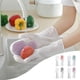 thumbnail image 1 of Guantes para fregar platos con cepillo de palma - Guantes de cocina resistentes al calor para ollas y sartenes, guantes reutilizables de plástico para limpiar en rosa, gris, verde y morado, 1 of 8