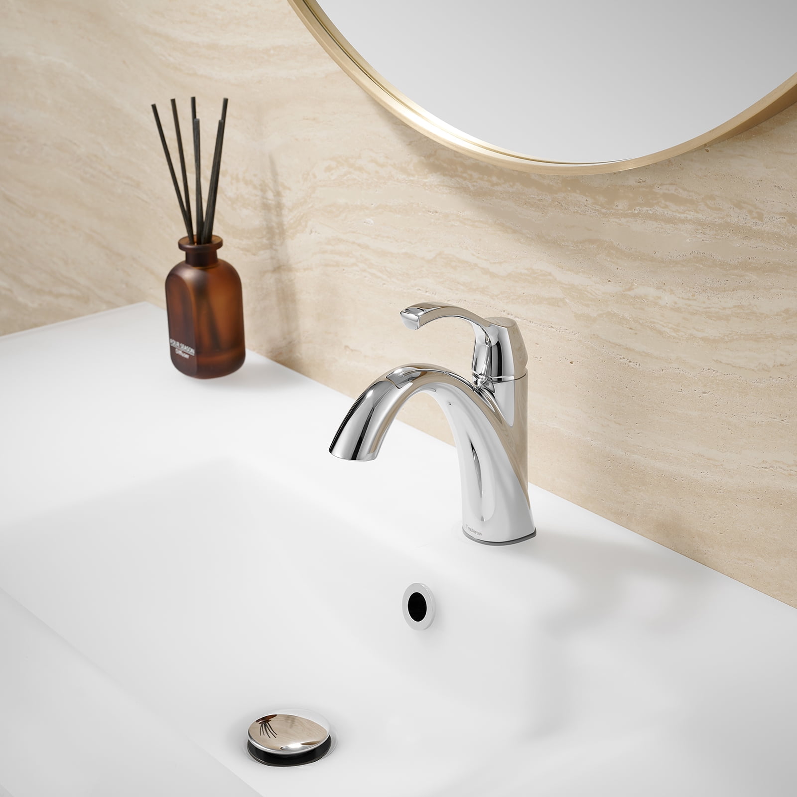TimeArrow Chrome Bathroom Faucet, Single Handle Bathroom Sink Faucet for 1 Hole with 3 Holes Deck Plate, Lavatory Vanity Faucet, Pop Up Drain and Water Supply Lines Included, TAF206-CP