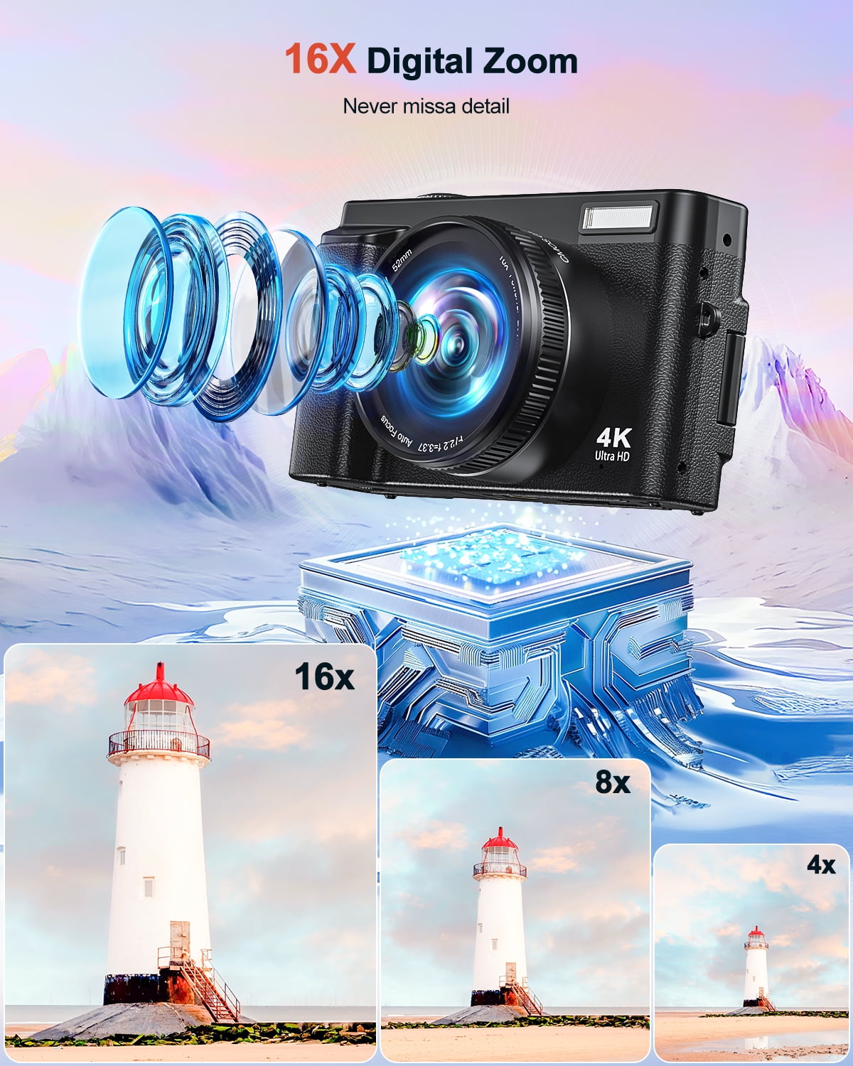 Zostuic 4K 48MP Vlogging Camera with 3" Flip Screen, 16X Zoom, WiFi - Includes 32GB SD Card & 2 Batteries - Compact for YouTube/Travel (Black)