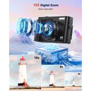 4K Digital Camera for Photography and Video, Autofocus 48MP Vlogging Camera for YouTube with 3 180°Flip Screen 16X Zoom Compact Travel Cameras with SD Card, 2 Batteries, Anti-Shake, Flash (White)
