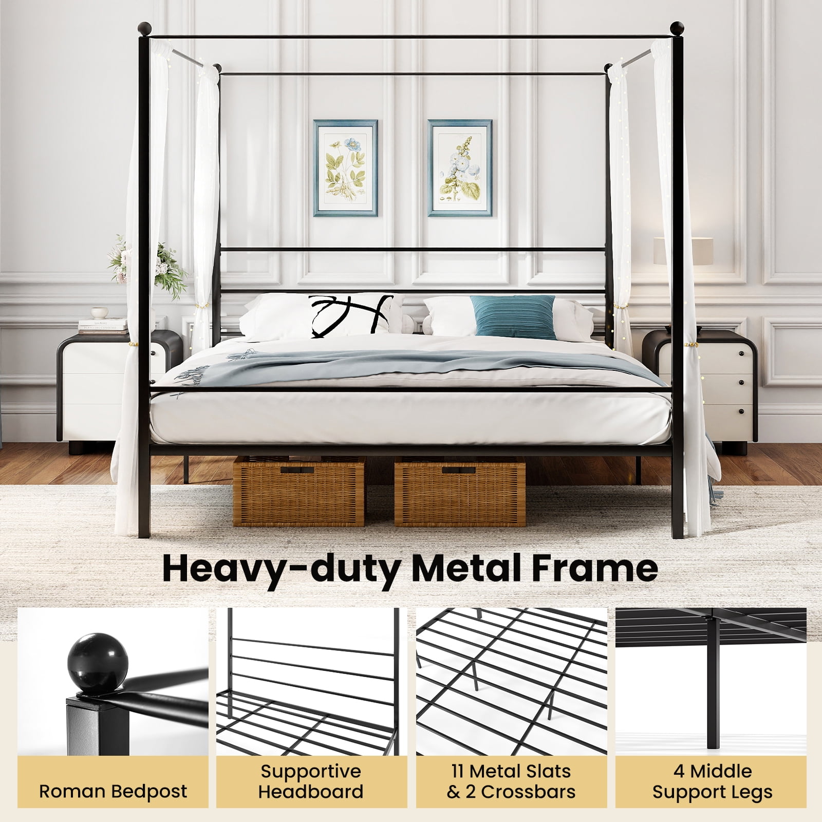 Gymax King Metal Canopy Platform Bed Frame Mattress Foundation w/ Slat Support