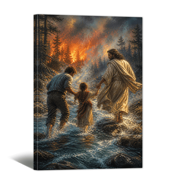 Jesus Rescue Canvas Wall Art Christian Family Escape The Fire Prints, Catholic Religious Artwork Paintings for Living Room Bedroom Home Wall Decor