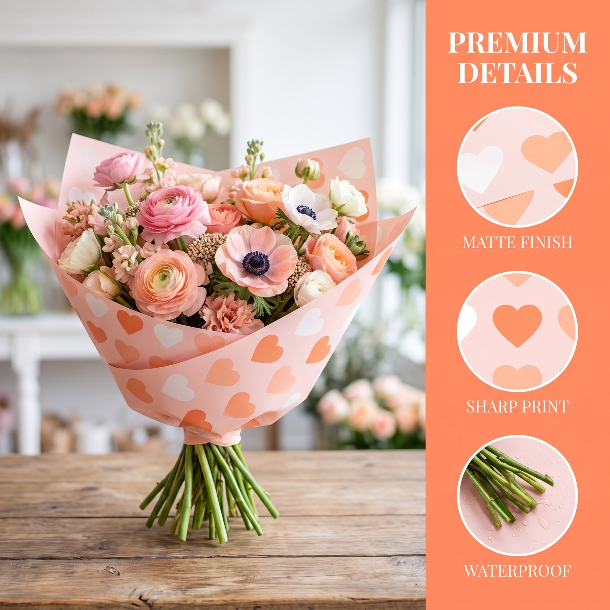 Unique Bargains Waterproof Heart Luxury Matte Gift Wrapping Paper Light Pink 22.4"x22.4"