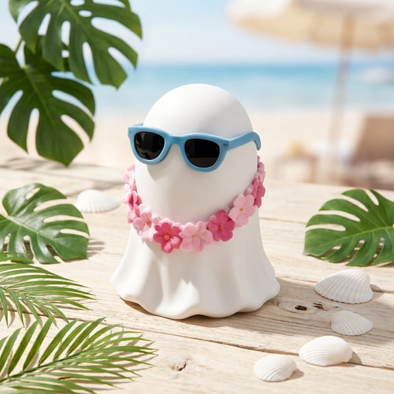 Summerween Ghost Resin Figurine with Flamingo Float and Sunglasses - Cute Beach Vacation Tabletop Decor for Summer Halloween Party Shelf Gift