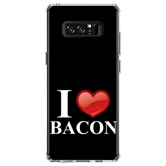 DistinctInk Clear Shockproof Hybrid Case for Samsung Galaxy Note 8 - TPU Bumper, Acrylic Back, Tempered Glass Screen Protector - Black White Red I Heart Bacon - Bacon