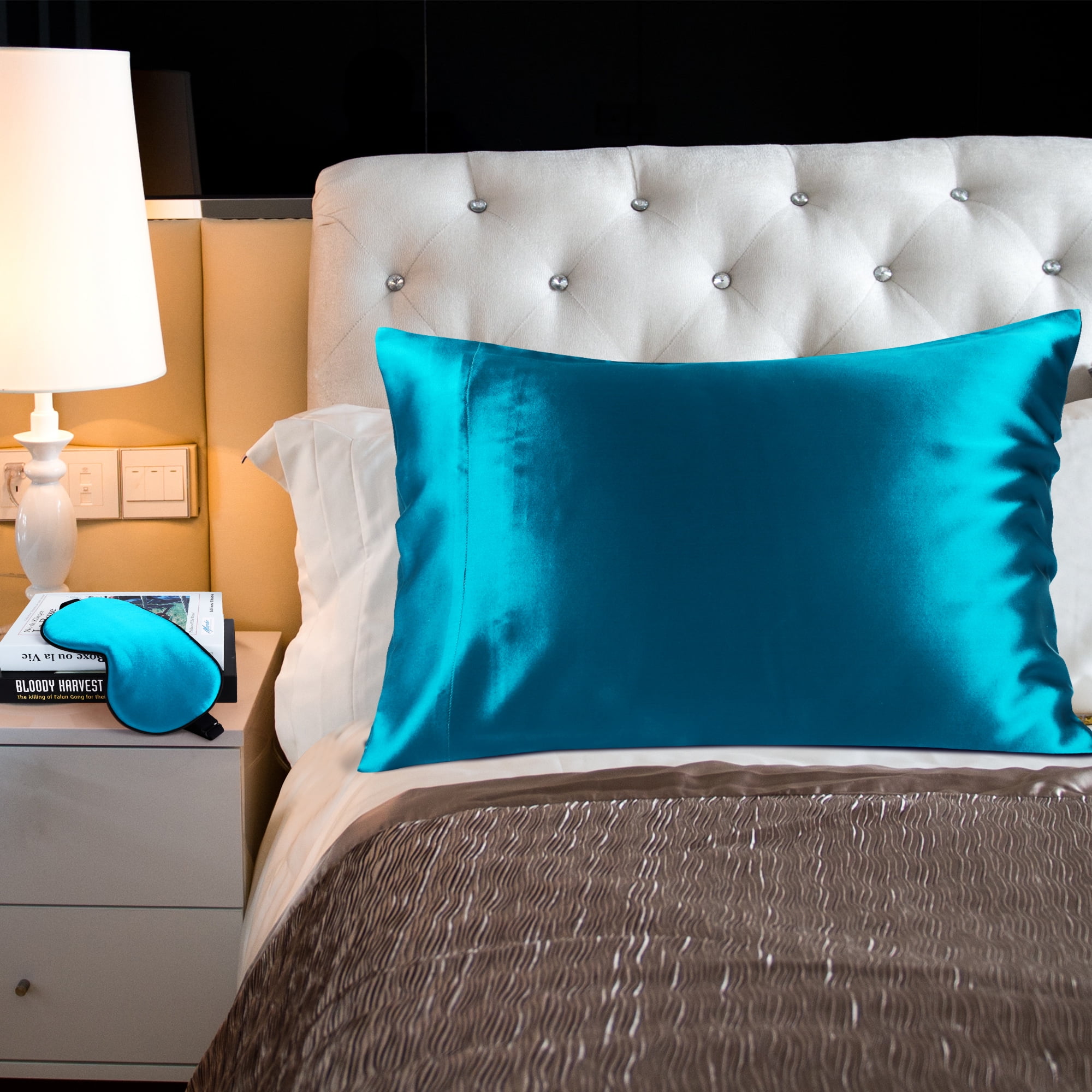 Unique Bargains 19 Momme Silk Pillowcase Eye Cover Set, King, Peacock Blue