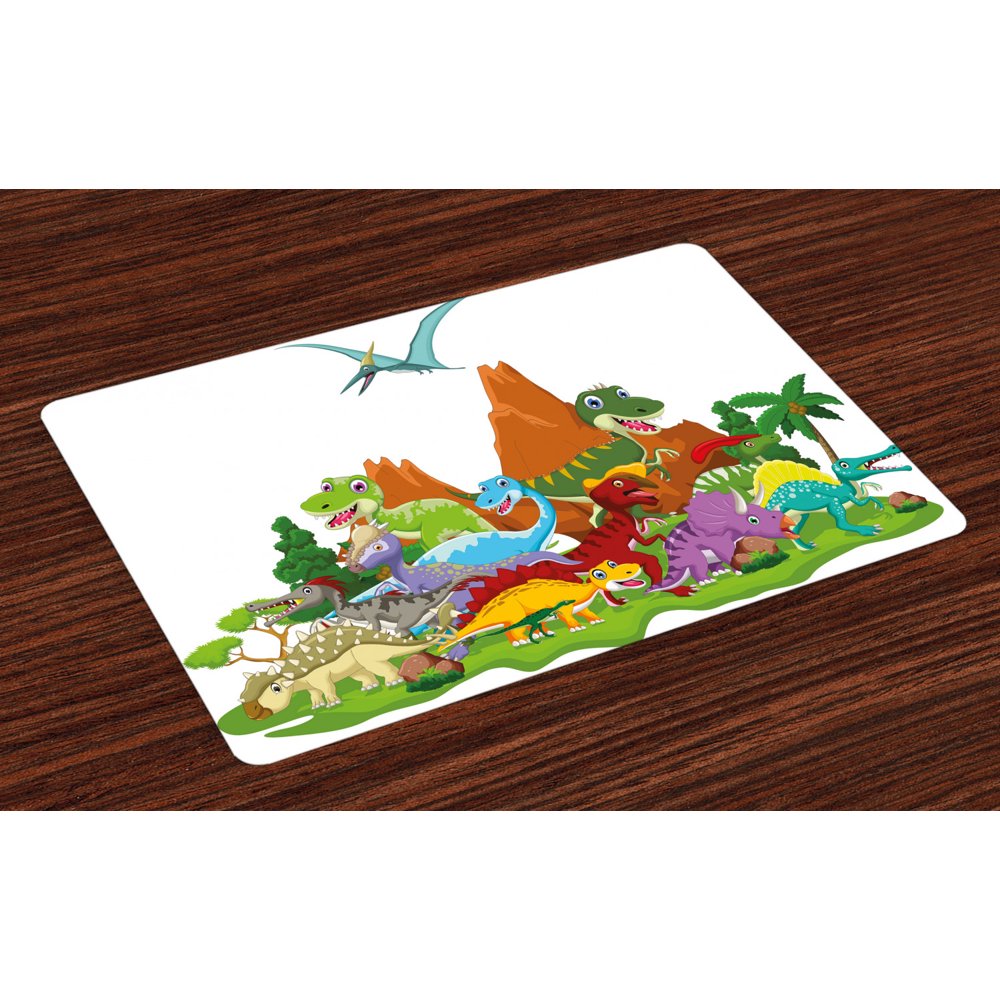 Dinosaur Placemats Set of 4 Funny Friendly Dinosaurs in Cartoon Style