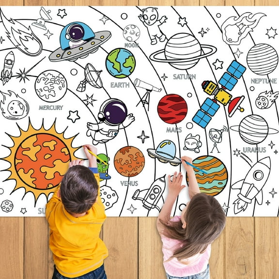 Space Astronaut Doodle Disposable Tablecloth - 43X31 Inch Party Galaxy Coloring Table Cover With Planets Rockets Stars Design - For Birthday Celebrations Space Themed Events