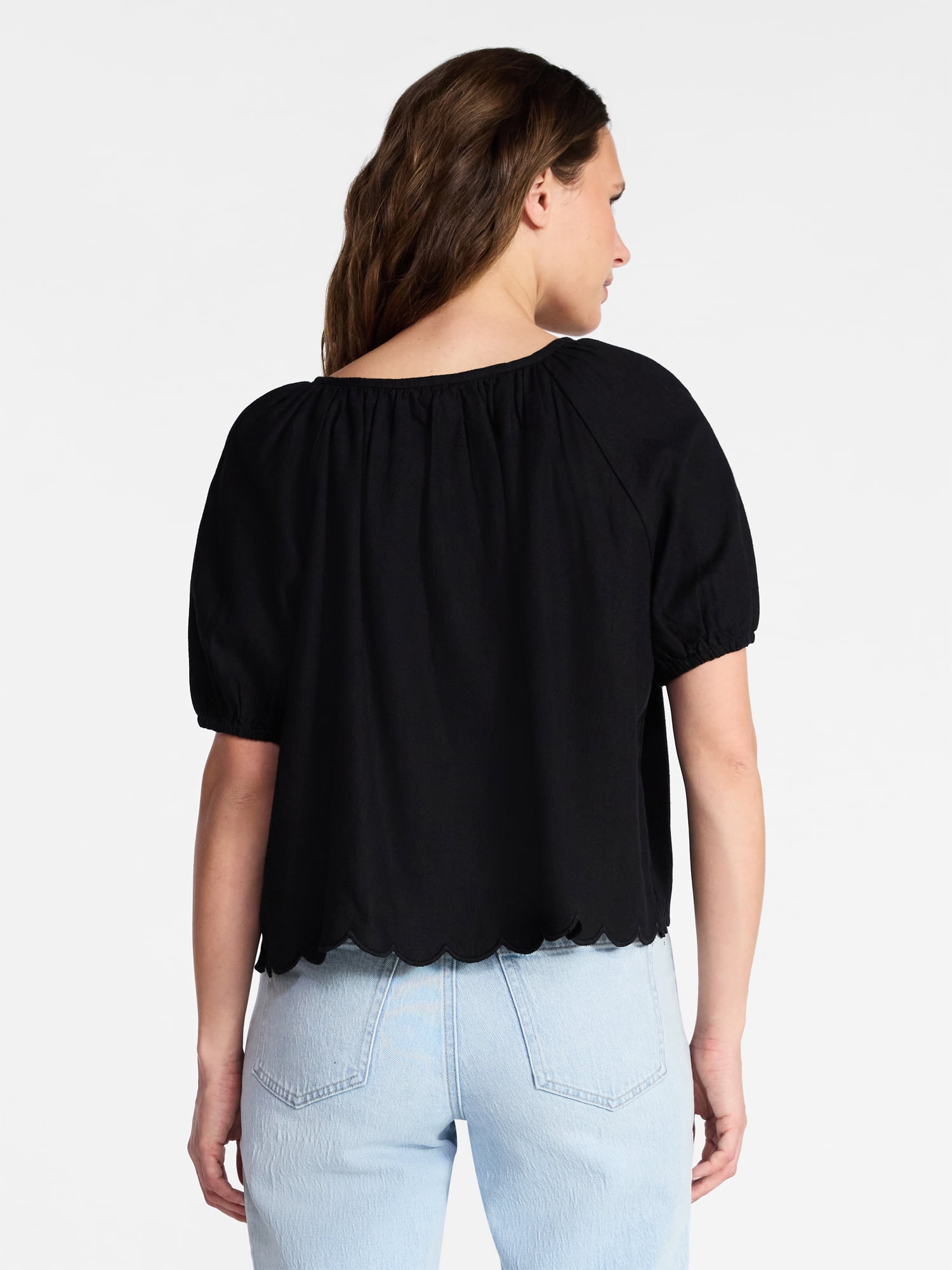 Time and Tru Women's Linen Blend Blouse with Scalloped Hem, Sizes XS-XXXL