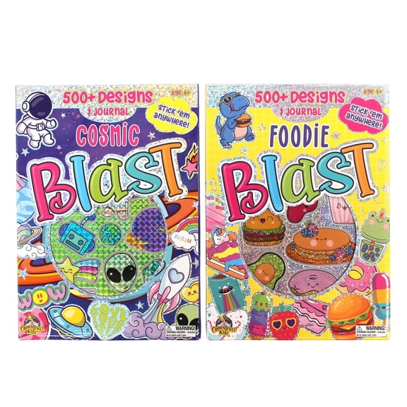CrownJewlz Sticker Blast 2-Pack Activity Kits, 500  Stickers & Journal, Cosmic & Foodie Themes