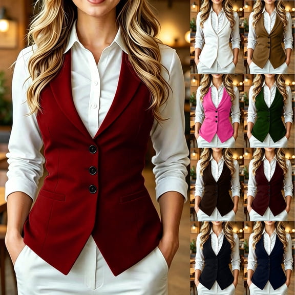 Women's V Neck Solid Sleeveless Suit Vest Button up Waistcoat Casual Layering Jacket for Spring Autumn office Wear White