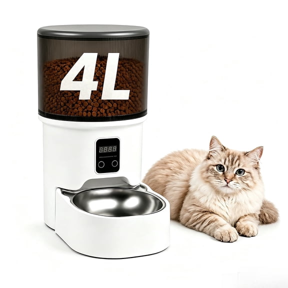 PEPWELL Automatic Cat Feeder 4L, Button Controlled Timed Dog & Cat Food Dispenser, LED Display, 1-8 Meals, Adjustable Portion, Dual Power, Anti-Blockage Design, Clear Container