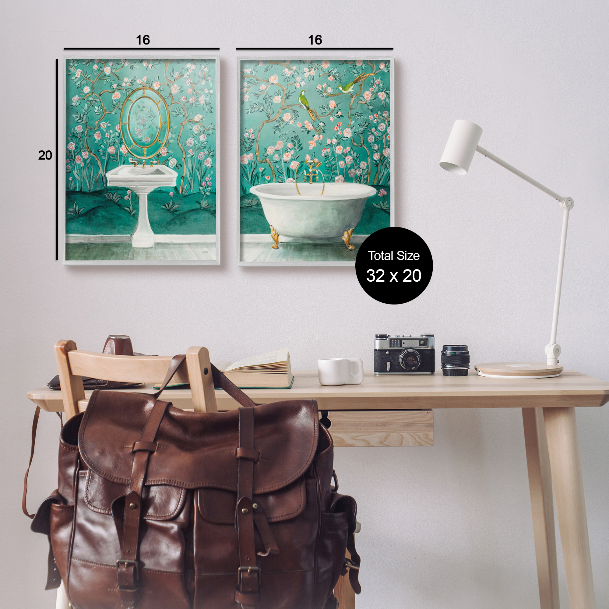 Stupell Industries Floral Patterned Bathroom Botanical & Floral Painting Gray Framed Art Print Wall Art, 16 x 20, Set of 2