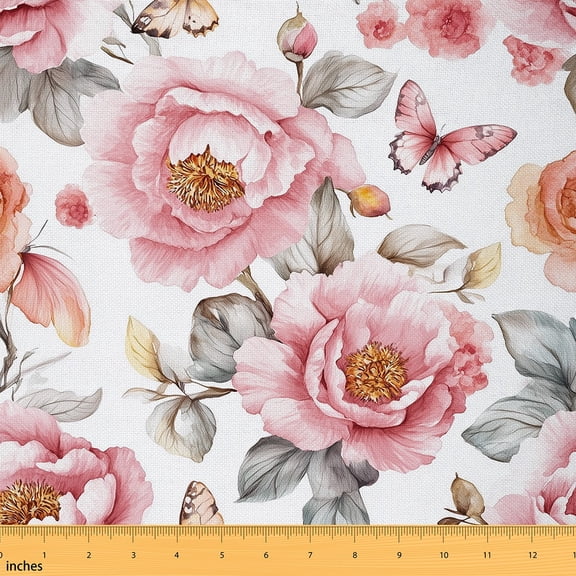 Feelyou Vintage Pink Flower Fabric by the Yard 2 Yards for Teens, Mid Century Fashion Home Decor Fabric by the Yard, Rustic Butterfly Sewing Fabric, Breathable Home Decor