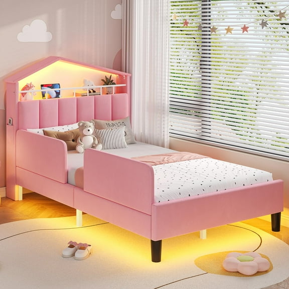 Twin Size Bed Frame with LED Lights,House-Shaped Headboard with Charging Station & Hidden Storage,Velvet Upholstered Platform Bed Twin,Girls Princess Bed with Safety Guardrail,Pink