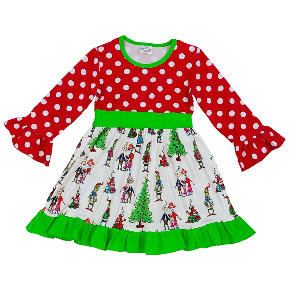 Little Girl Dress Kids Grinch Christmas Tree Polka Christmas Flower ...