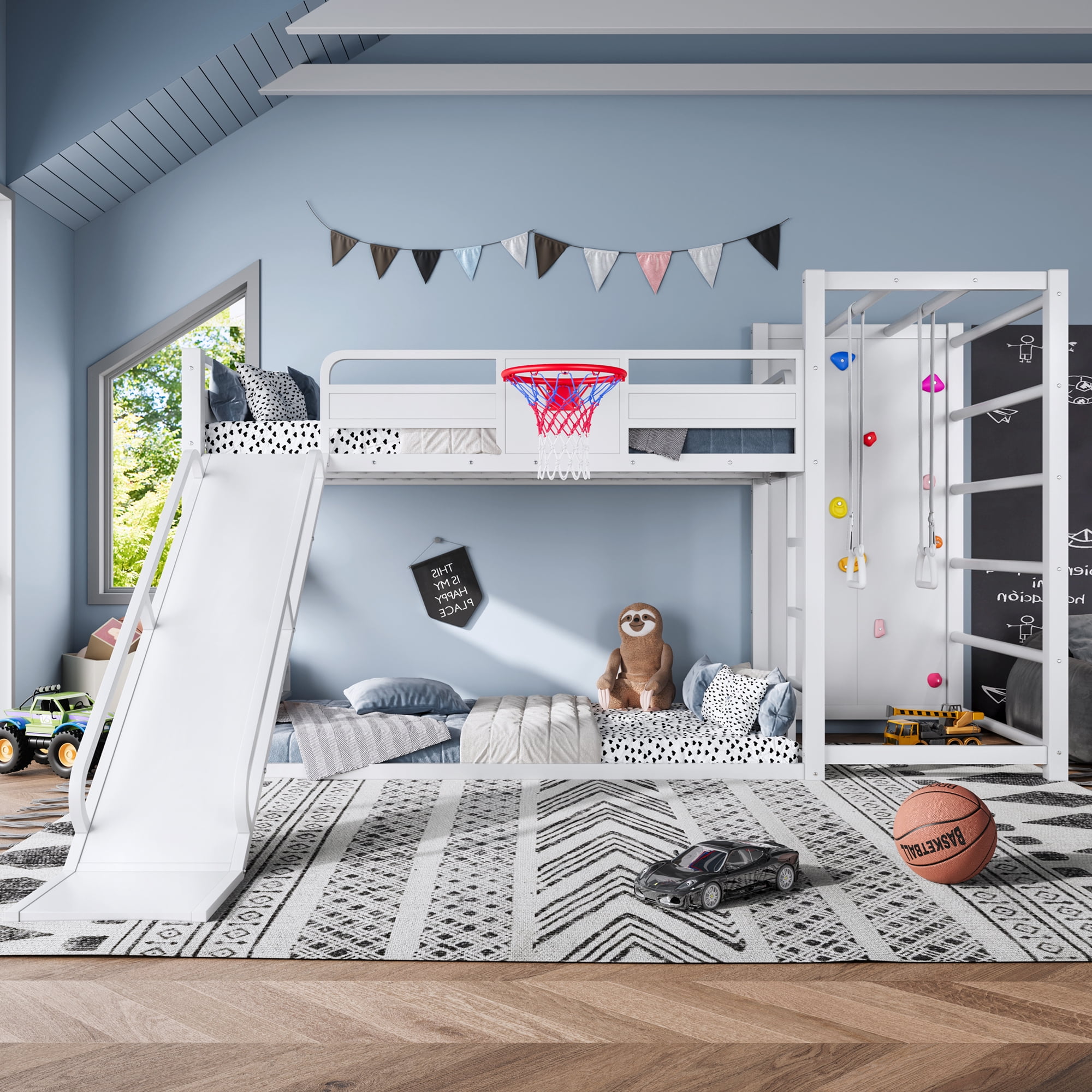 Twin Size Loft/Bunk Bed with Basketball Hoop, Pull-up Rings and Climbing Wall, Metal Loft Bed Frame with Slide and Bookshelves, Heavy Duty Bunk Beds with Guardrail