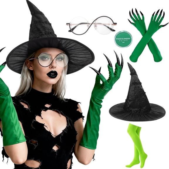 Alaiyaky Witch Costume Accessories Set, Halloween Witch Costume Accessories Witch Hat, facepaint, Green Gloves with Claws, Thigh High Stockings, Wizard Glasses for Halloween Cosplay Dress Up Women