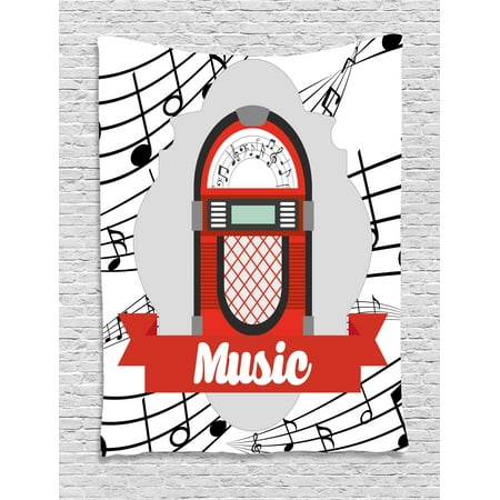 - Jukebox Tapestry, Old Vintage Music Radio Box Cartoon Image with Notes Artwork Print, Wall Hanging for Bedroom Living Room Dorm Decor, 40W X 60L Inches, Red Grey Black and White, by Ambesonne