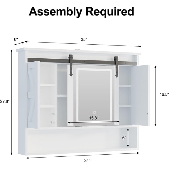 Farmhouse Lighted Medicine Cabinet with Mirror, Sliding Barn Door Mirrored Storage for Bathroom Kitchen Laundry, 3-Color LED Wall Mounted, 28x35