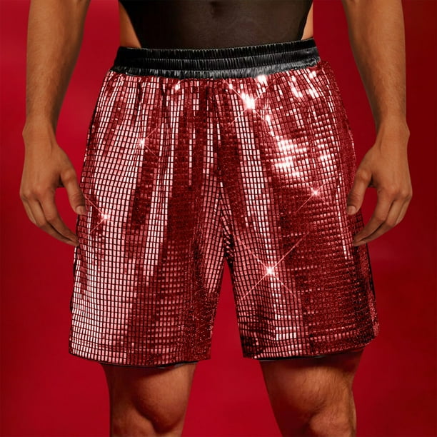 Ceisia Men's Gift Relaxed Full Sequin Party Shorts Mid-Rise Elastic Color-block Waist Nylon Spandex Hidden Drawstring Shorts
