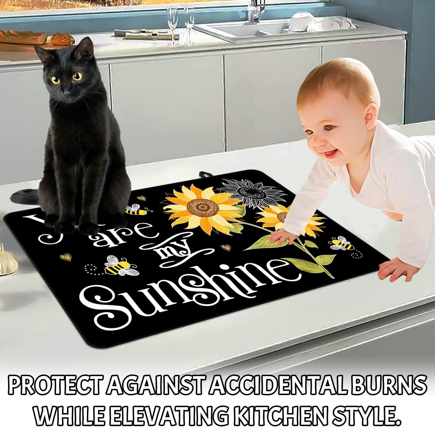 Christma Stove Top Covers for Electric Stove, You Are My Sunshine Fall Stove Cover Sunflowers Non-Stick Kitchen Pad for Gas Stove Cooktop Washable Countertop Protector Mat Keep Stove Clean Black