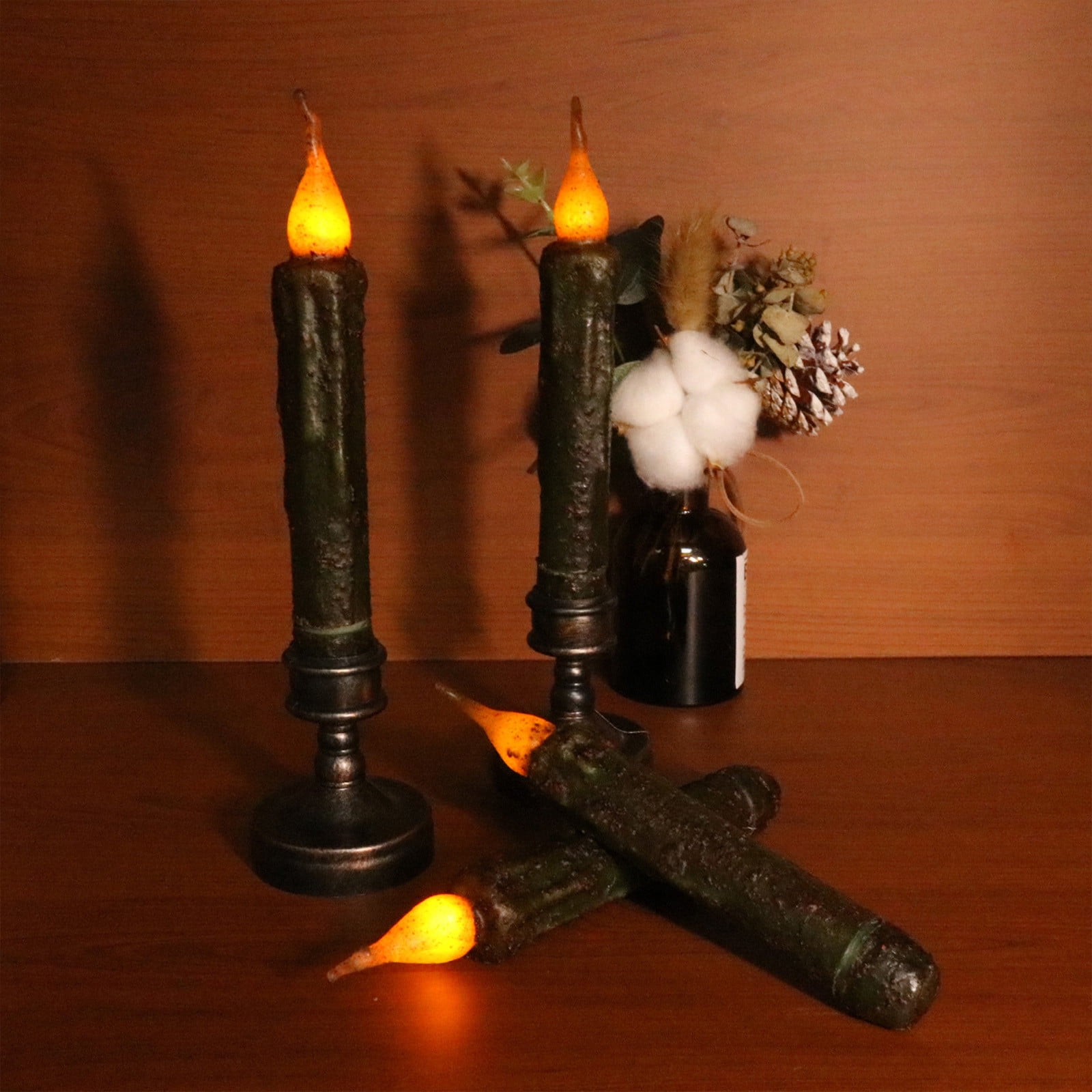 Kmdttou Outdoor Decorations Lights Taper Primitive Candles 6pcs Real Wax Hand Dipped Battery Operated Flameless Candles For Christmas Halloween Home Decor Church