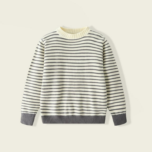 Bnwani Girls Sweater New Winter Knitted Cotton Crew Neck Warm Striped Sweater Beige