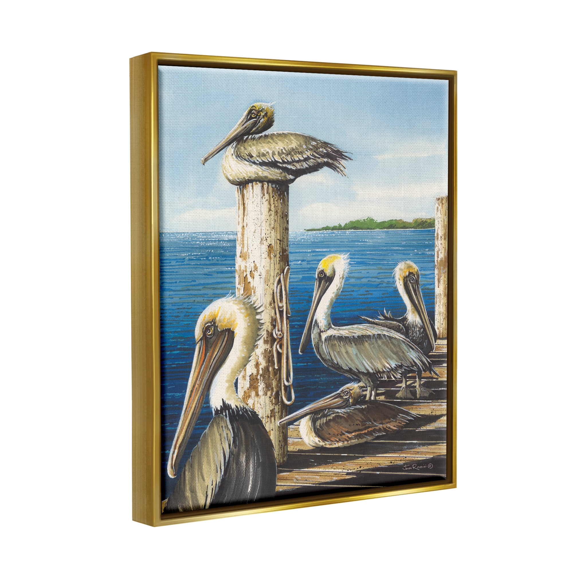Stupell Industries Pelicans on Marine Dock Animals & Insects Painting Gold Floater Framed Art Print Wall Art, 17 x 21