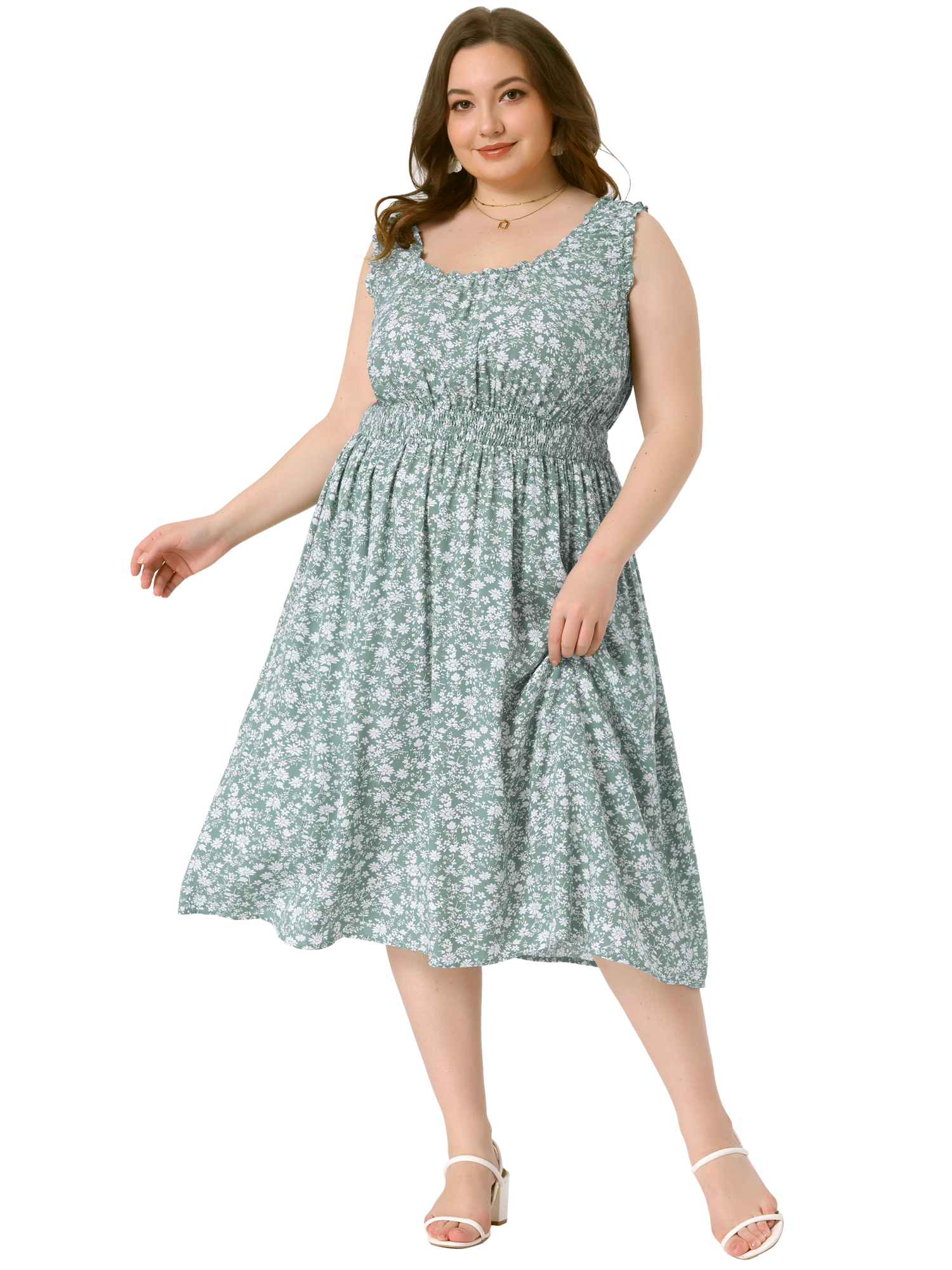 DARING DIVA Plus Size Square Neck Sleeveless Floral Flowy Midi Dress 2X Dark Green