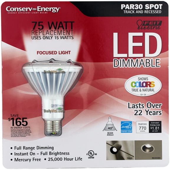Feit Electric PAR30 Dimmable LED Flood 75 Watt Replacement Uses 15 Watts, CRI 93+ True Color, 40 Beam Angle