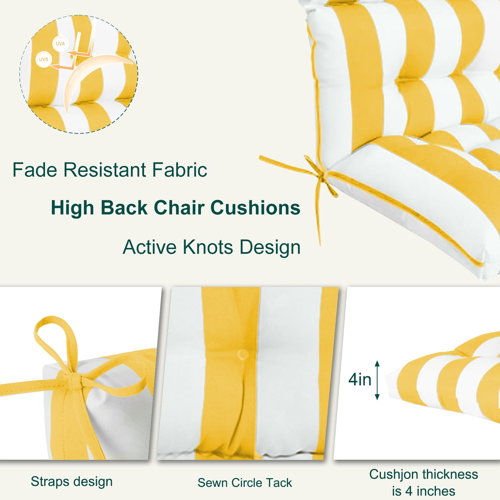 XXLYY Outdoor High Back Chair Cushions 2-Pack, 44”x22”x4” Waterproof Fade-Resistant Cushions with Ties for Adirondack & Rocking Chairs