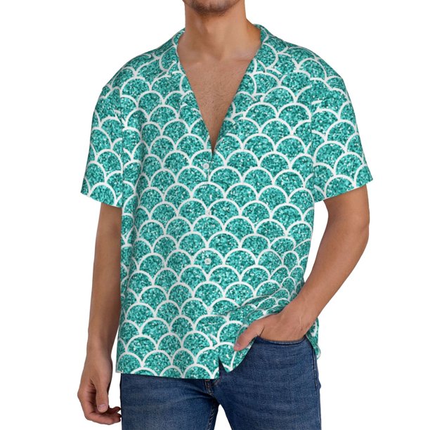 Balery Aquamarine Glitter1 Camisa Casual de Manga Corta con Botones para Hombre, Texturizada, Estilo Cubano, para Playa, Verano-Small