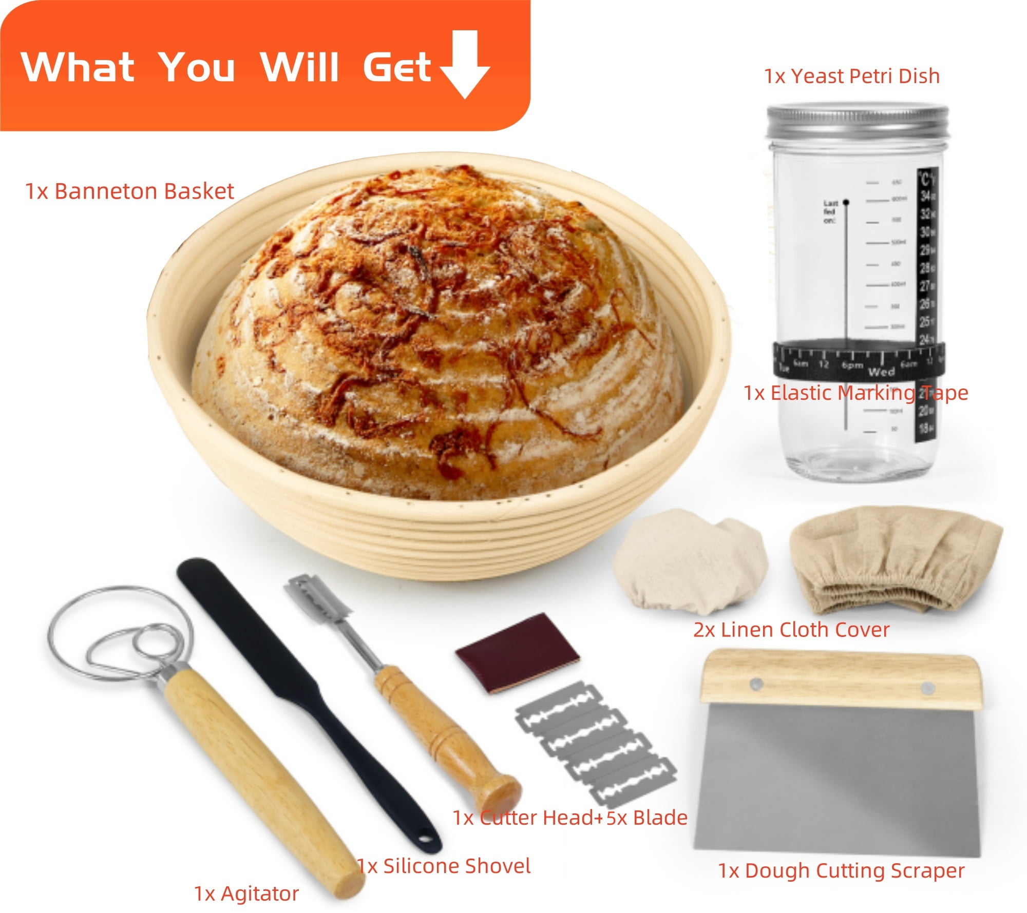 Simperf 14pcs Sourdough Starter Kit, Bread Proofing Basket Set, Natural Rattan Baskets with Sourdough Jar for Making Baking Fermentation, Bread Making Tools Kit Banneton Proofing Basket