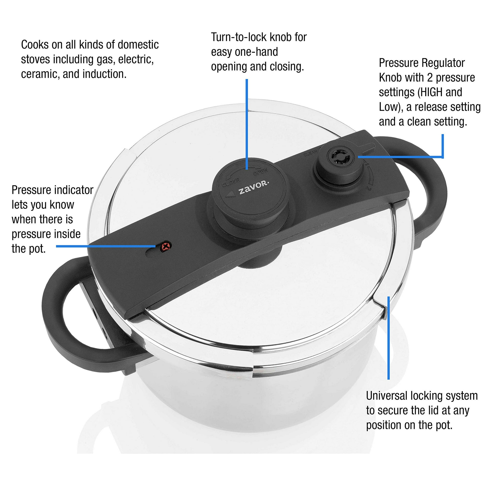 Zavor EZLock 12.7 Quart Stove top Pressure Cooker Canner Multi Pressure Settings Universal Locking Mechanism Recipe Book Steamer Basket 4 1Qt Jar Canning Capacity Stainless Steel ZCWEZ22 Walmart