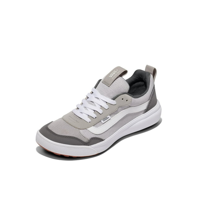 zapatillas deportivas shoe vans range exp para hombre, color gris Vista 3/4 frontal de tenis casual Vans Range EXP hombre en gris y blanco; empeine de gamuza y lona con malla, franja lateral blanca Vans, cordones blancos, plantilla extraíble de doble densidad y entresuela VA blanca.