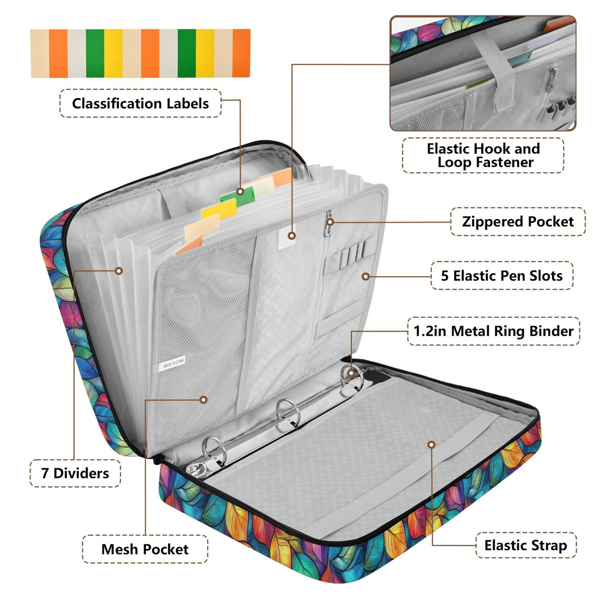 FORMRS Accordion File Folder A4 Size 7-Pocket Expanding Document Organizer Bag with 3 Ring Binder, Vibrant Art Leaves Pattern