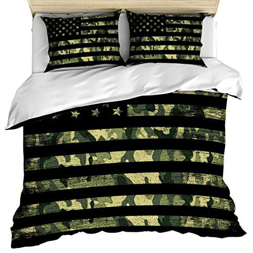 Rustic Camouflage American Flag Bedding, Military Twin Bed Set