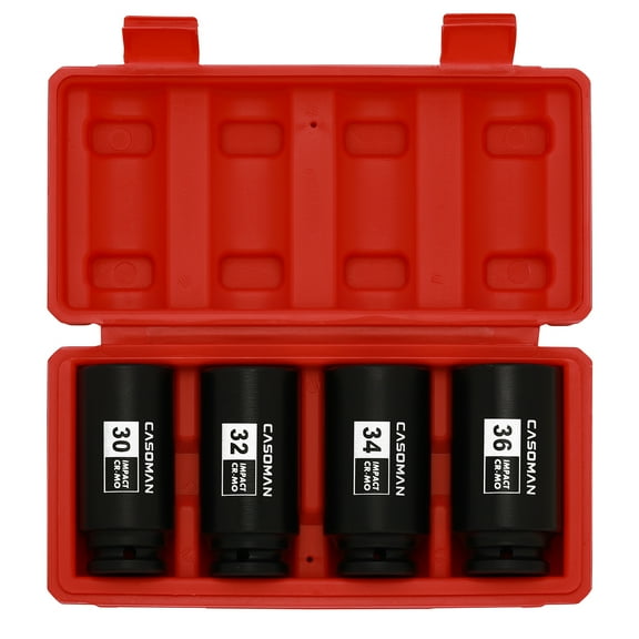 CASOMAN PRO 1/2-Inch Drive Deep Spindle Axle Nut Impact Socket Set,12 Point Metric, CR-MO, 30,32,34,36mm, 4-Piece 1/2" Heavy Duty Impact Socket Set
