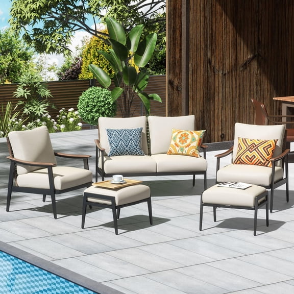 NATURAL EXPRESSIONS 5-Piece Patio Furniture Sets Metal Sectional Sofa Outdoor Conversation Sets with High Back Wicker Backrest and Loveseat, Beige