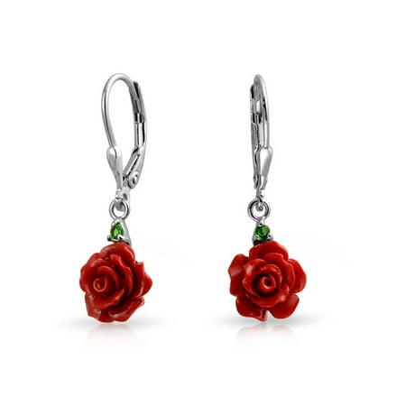 Red Flower Earrings - 3D Red Rose Flower CZ Bow Ribbon Leverback Drop Dangle Earrings For Women For Teen 925 Sterling Silver