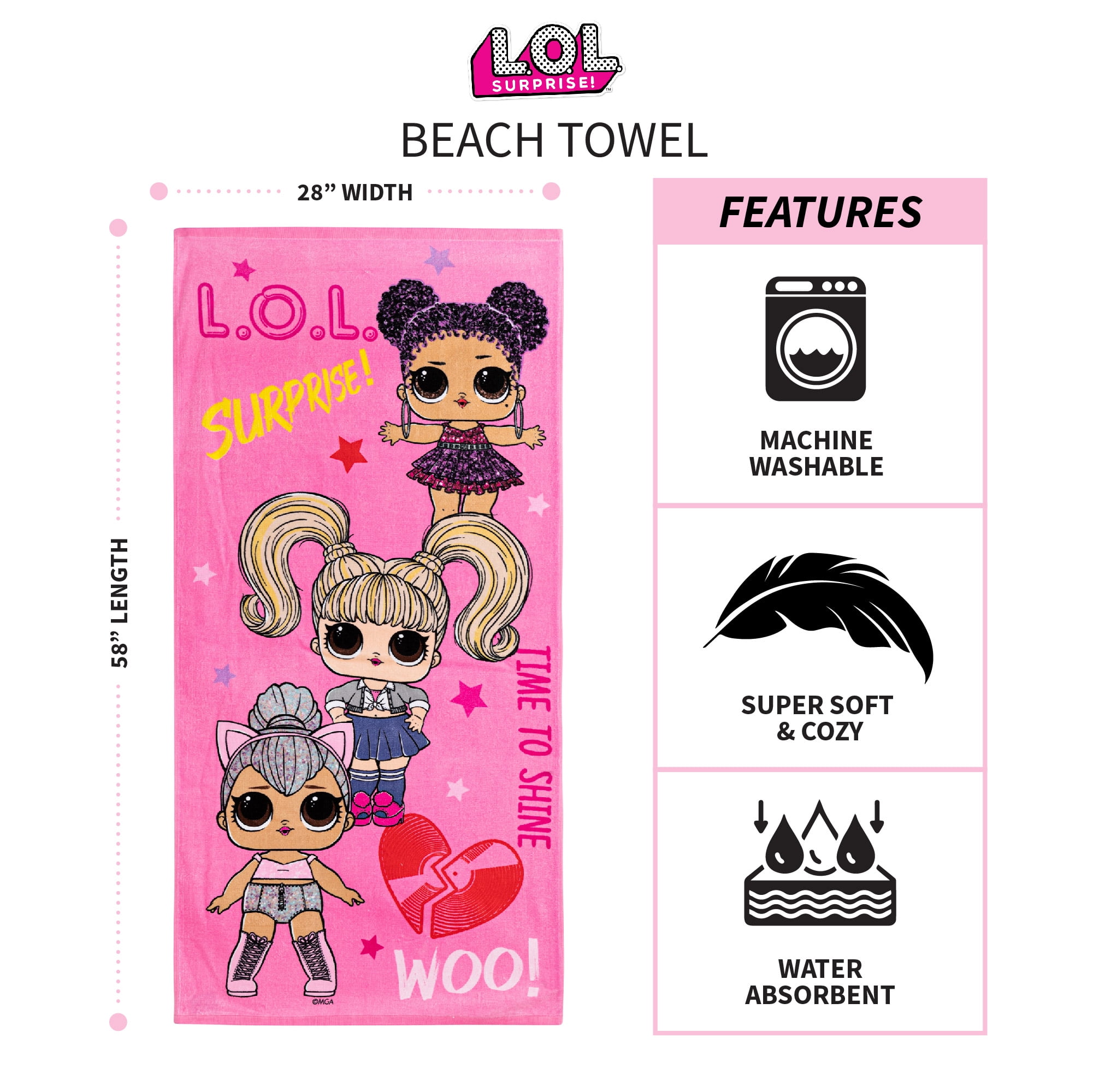 L.O.L. Surprise! Kids Super Soft Cotton Beach and Bath Towel, 28” x 58” , Pink