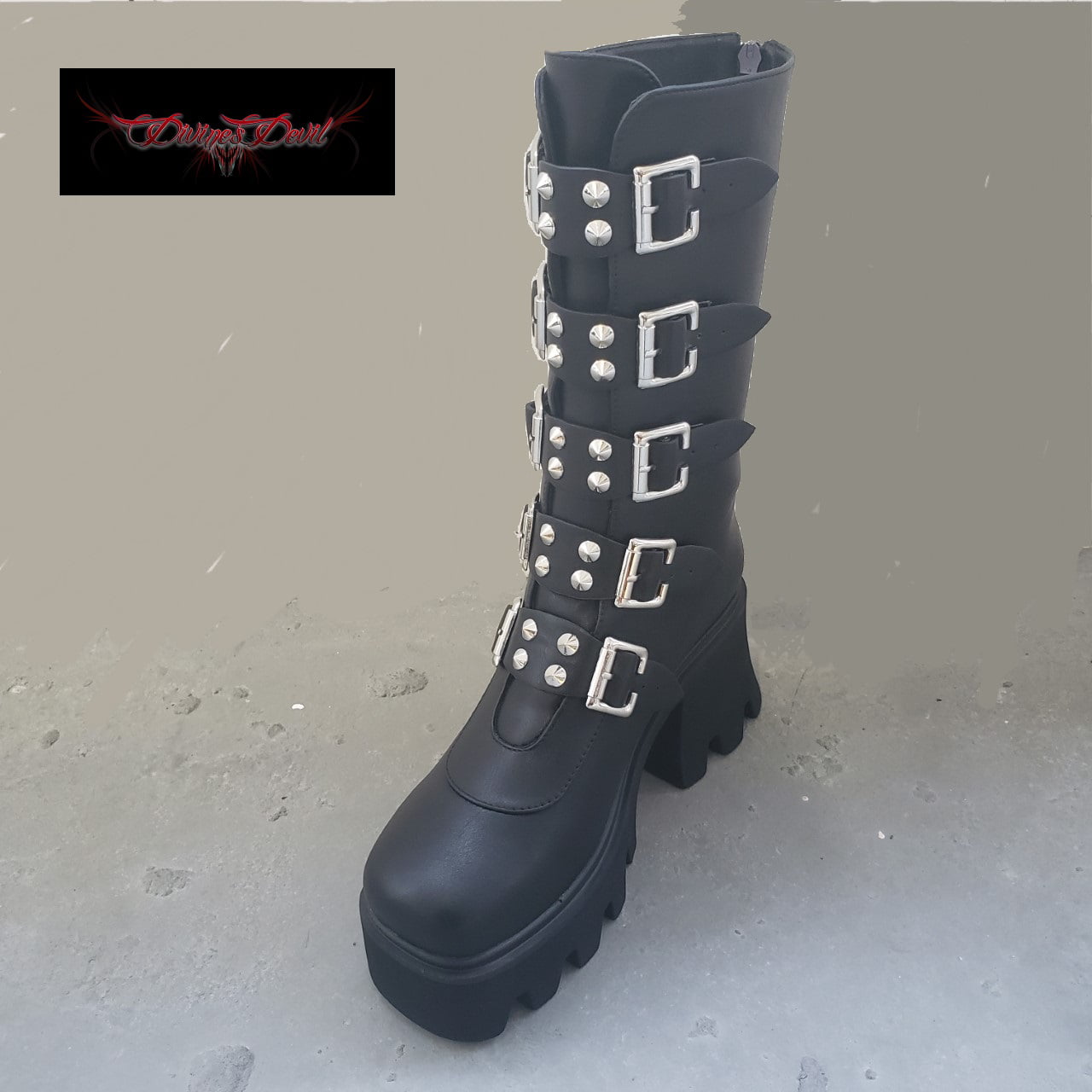 Women Gothic Platform Boots Vegan Combat Chunky Punk Buckle Strap Metal Plates