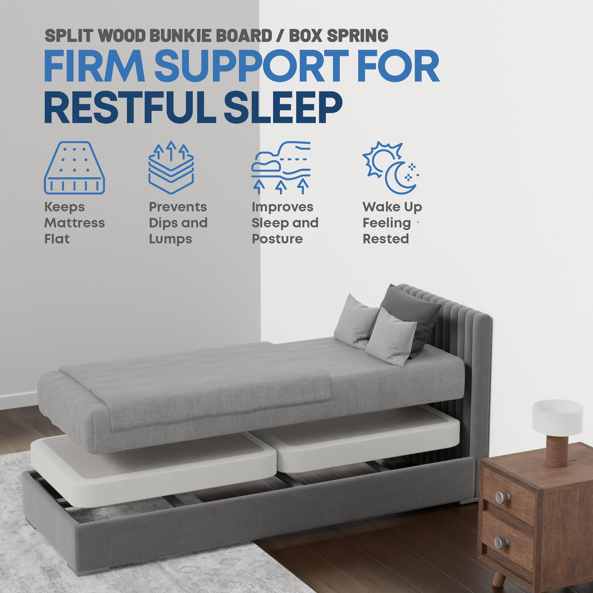 Continental Sleep, Box Spring Bed Base Twin Size, 4-Inch Wood Mattress Foundation, Quiet Noise Free, 2-Pieces Under Mattress Support BoxSpring, Fully Assembled, White