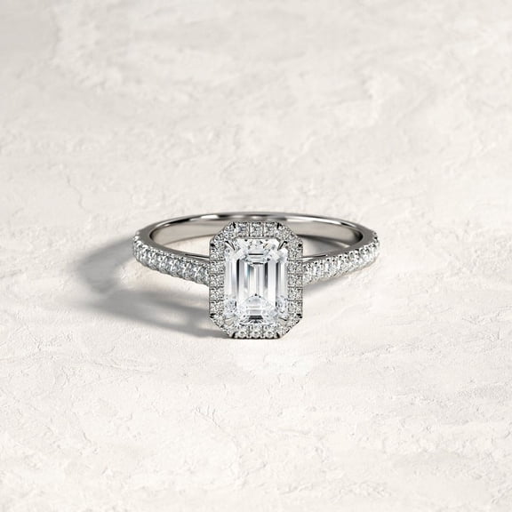 Oryn Jewelry 1.8 Ct Emerald Cut Moissanite Rings - 14K White Gold Plated Bands - Party Wear Halo Jewelry - Wedding Engagement Moissanite Ring