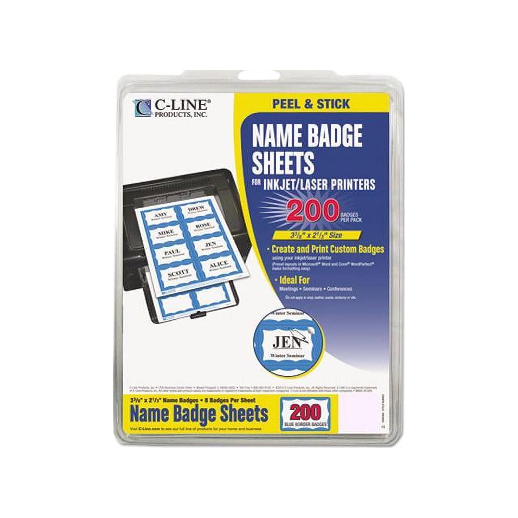 C-Line Laser Printer Name Badges, 3 3/8 x 2 1/3, White/Blue, 200/Box