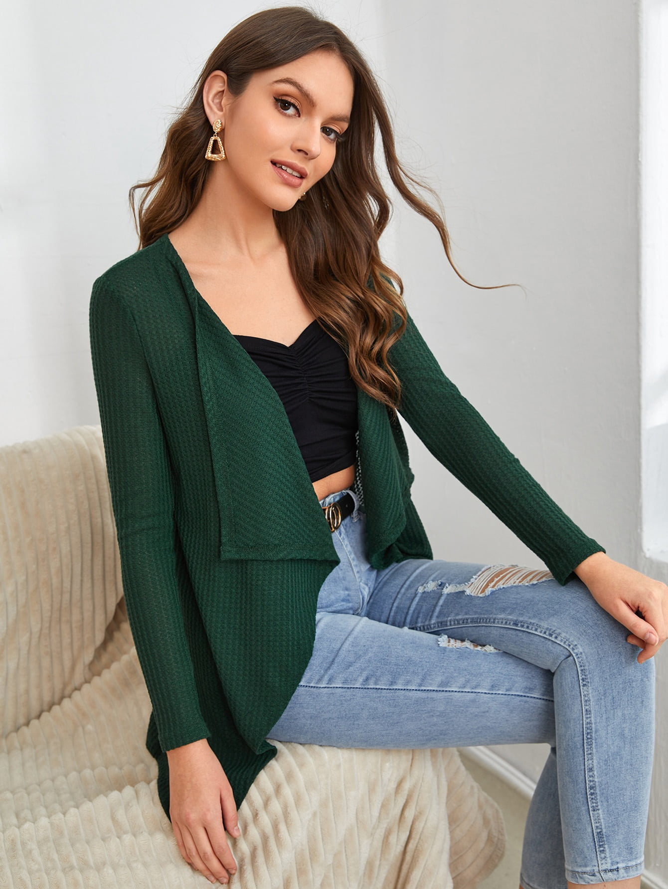 Dark Green Waffle Knit Waterfall 