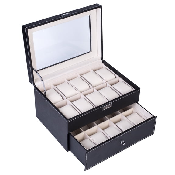 Hassch Watch Box Organizer 20 Slots with Key Men Women Display Storage Case Metal Hinge Black PU Leather Glass Top Large Holder